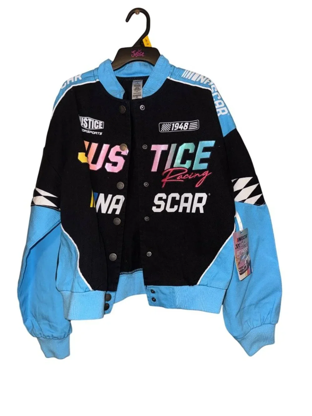Justice X NASCAR Girls Racing Jacket Black & Blue Snap Buttons Colorful Graphics